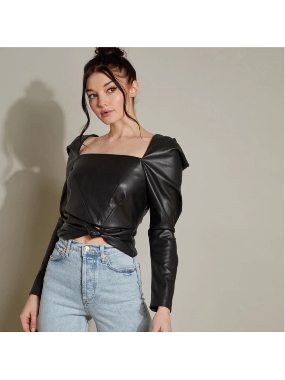 Hutch Black Faux Leather Knotted Puff Sleeve Top Size US SMALL